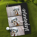 Trendy 3 Photos black - white modern script name Golf Towel<br><div class="desc">A golf towel with a custom photo collage is a unique and personalised accessory that combines practicality with sentimental value on the course. It effectively cleans clubs, balls, and hands while featuring a vibrant, high-quality print of cherished memories—family moments, scenic golf courses, or favourite tournament snapshots. The custom collage adds...</div>