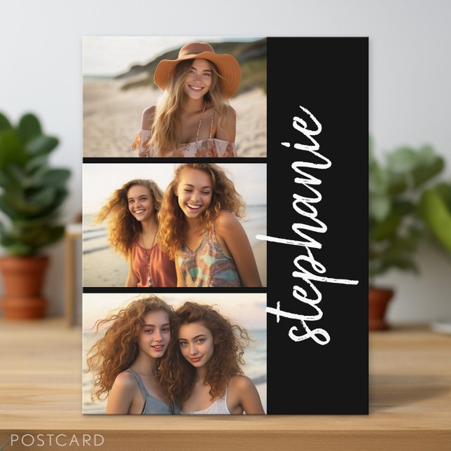 Trendy 3 Photos black & white modern script name Postcard (Photo Postcard)