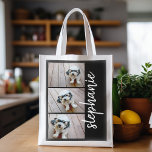 Trendy 3 Photos black white modern script name Reusable Grocery Bag<br><div class="desc">Use 3 photos to create a unique and personal gift. Or you can keep the hipster puppy and make a trendy keepsake. Use your horizontal or landscape photos for the best results! This modern stacked photo collage includes a rustic, modern font for your name or other text. TO CHANGE THE...</div>