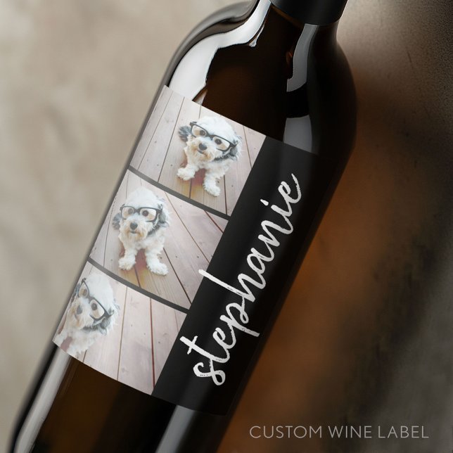 Trendy 3 Photos black & white modern script name Wine Label (Custom Wine Bottle Label - Personalize a Sticker for a fun gift or memento)
