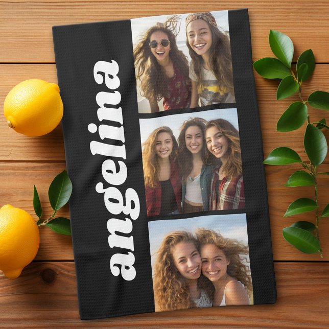 Trendy 3 Photos with Chunky Name - Black Tea Towel (Custom Kitchen Towel with a Photo Collage)