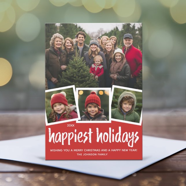 Trendy 4 Photo Christmas Happiest Holiday Check (4 Photo Christmas Card with Film Strip Snapshot Design - Print and Download Options Available)