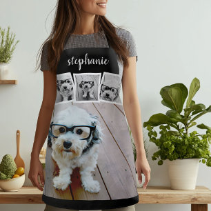 Trendy 4 Photo Collage Script Name White Black Apron