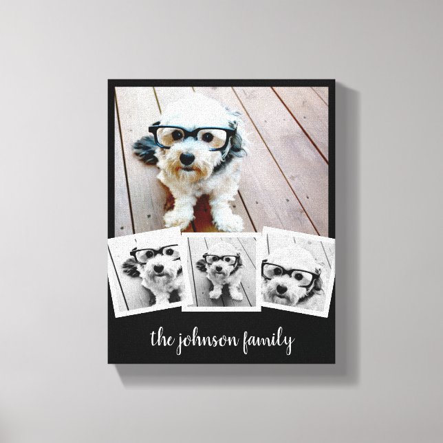 Trendy 4 Photo Collage Script Name White Black Can Canvas Print (Front)