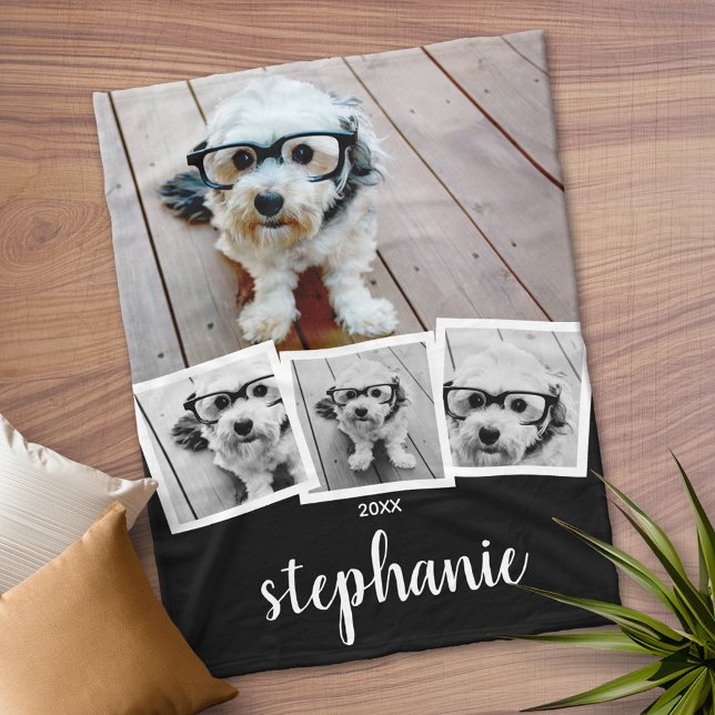 Trendy 4 Photo Collage Script Name White Black Fleece Blanket (Personalized Fleece Blanket)