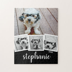 Trendy 4 Photo Collage Script Name White Black Jigsaw Puzzle