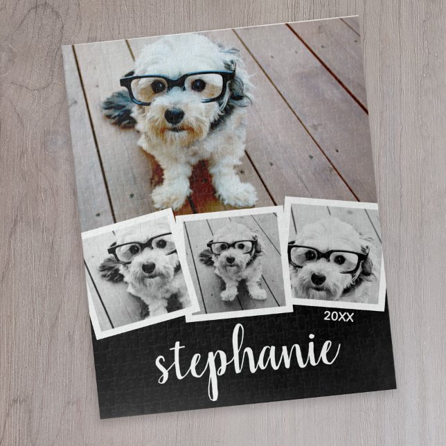 Trendy 4 Photo Collage Script Name White Black Jigsaw Puzzle (4 photo personalized puzzle)