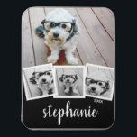 Trendy 4 Photo Collage Script Name White Black Jigsaw Puzzle<br><div class="desc">You can use square or selfie photos for this design. Use four square photos to create a unique and personal gift. Or you can keep the hipster puppy and make a trendy keepsake. If you need to adjust the pictures,  click on the customise tool to make changes.</div>