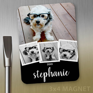 Trendy 4 Photo Collage Script Name White Black Magnet