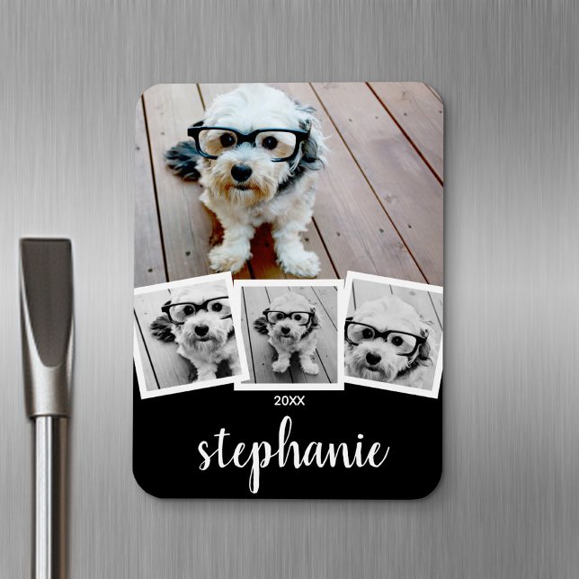 Trendy 4 Photo Collage Script Name White Black Magnet (Personalized fridge magnet - add photos and custom text)