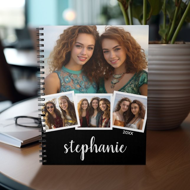 Trendy 4 Photo Collage Script Name White Black Notebook (Personalized notebook - add your photos and text)