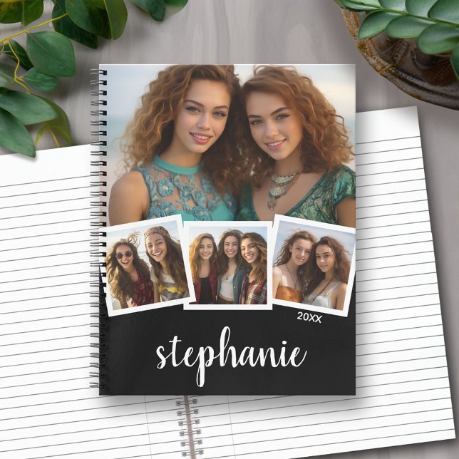 Trendy 4 Photo Collage Script Name White Black Notebook (Personalized Notebook with Custom Text and Photos)