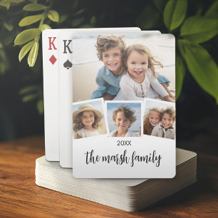 Trendy 4 Photo Collage Script Name White Black Playing Cards