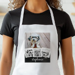 Trendy 4 Photo Collage Script Name White Black Standard Apron<br><div class="desc">You can use square or selfie photos for this design. Use four square photos to create a unique and personal gift. Or you can keep the hipster puppy and make a trendy keepsake. If you need to adjust the pictures, click on the customise tool to make changes.</div>