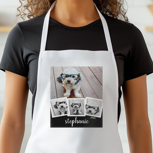 Trendy 4 Photo Collage Script Name White Black Standard Apron (Personalized Kitchen Apron)