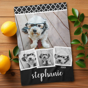 Trendy 4 Photo Collage Script Name White Black Tea Towel