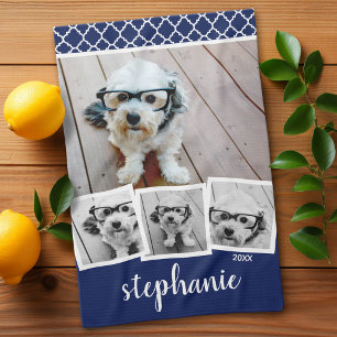 Trendy 4 Photo Collage Script Name White Blue Tea Towel