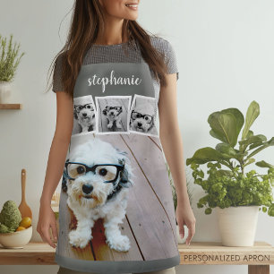 Trendy 4 Photo Collage Script Name White Grey Apron