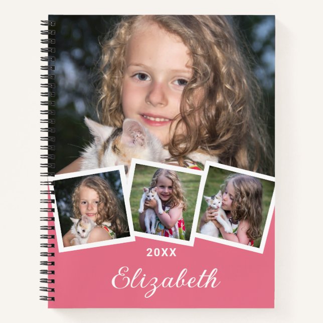 Trendy 4 Photo Collage Script Name White Pink Notebook (Front)