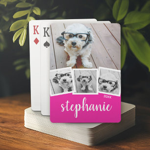 Trendy 4 Photo Collage Script Name White Pink Playing Cards