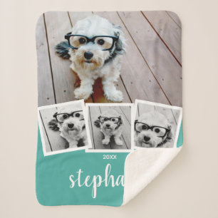 Trendy 4 Photo Collage Script Name White Teal Sherpa Blanket