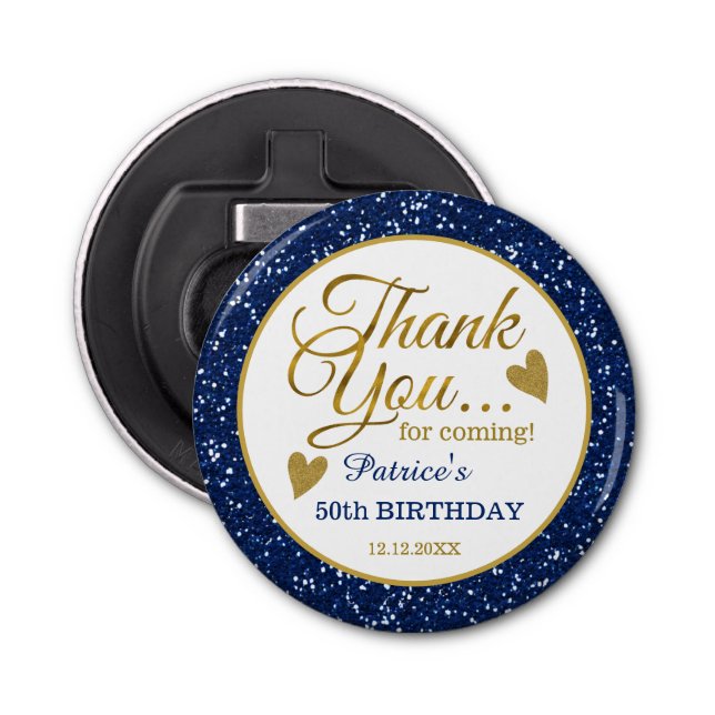 Trendy 50th Birthday Party Blue Glitter Thank You Bottle Opener (Front)