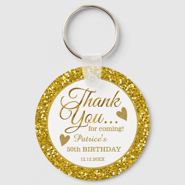 Trendy 50th Birthday Party Gold Glitter Thank You Key Ring (Front)