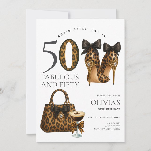 Trendy 50th Leopard Print Fabulous & 50 Birthday Invitation (Front)