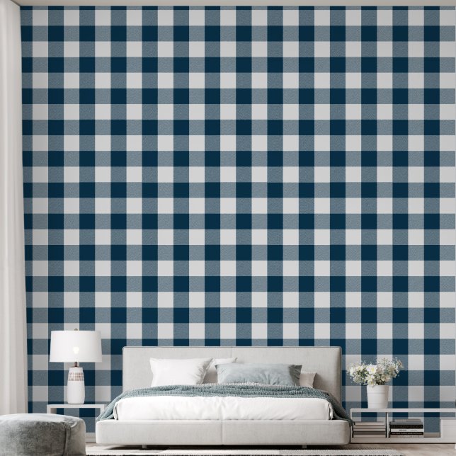 Trendy 6" Navy Blue Buffalo Check Wallpaper (Bedroom)