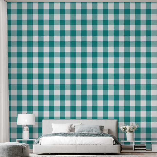 Trendy 6" Teal Blue Buffalo Check Wallpaper (Bedroom)