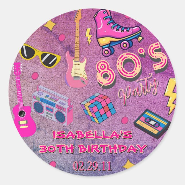 Trendy 80's Birthday Party Retro Pink Purple  Classic Round Sticker (Front)