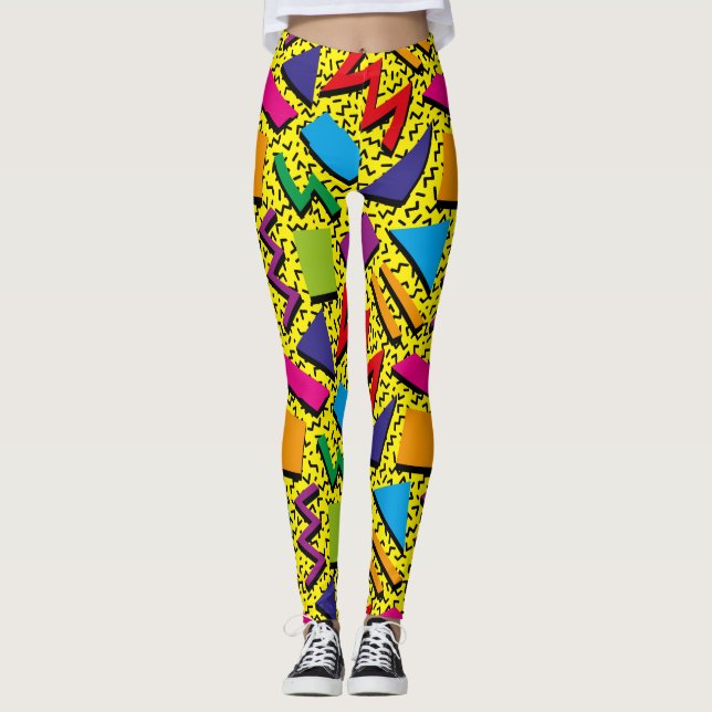 Trendy 80s Pattern Colourful Yellow Leggings (Front)