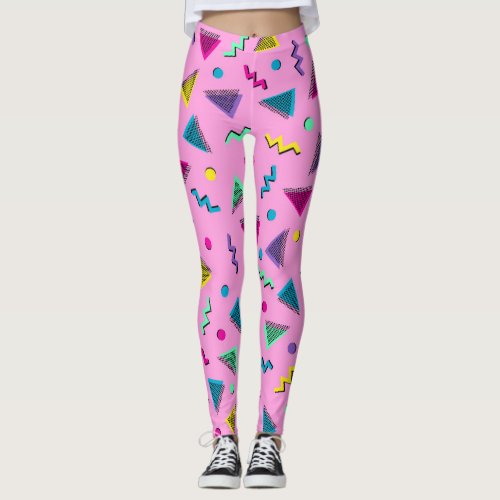 Pink 80s Triangle and Squiggle Pattern Leggings for Women