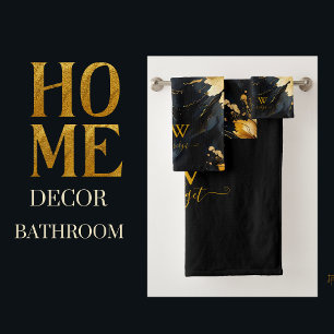 trendy abstract black gold marble bath towel set