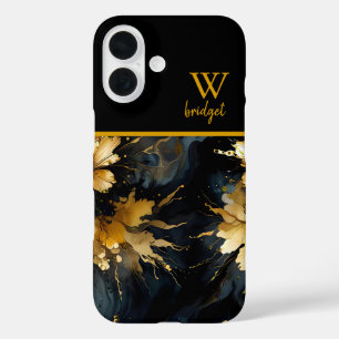 trendy abstract black gold marble iPhone 16 case