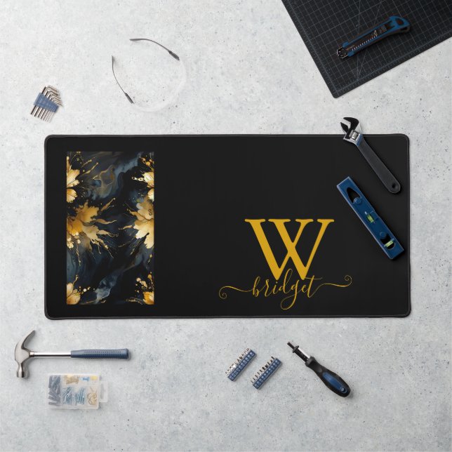 trendy abstract black gold marble desk mat (Workstation)