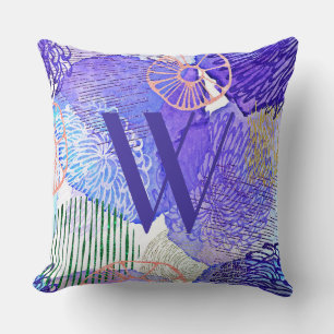 Trendy Abstract Blue Purple Monogram Throw Pillow