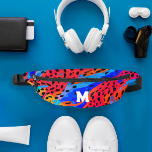 Trendy Abstract Blue Red Animal Print Monogram Bum Bags