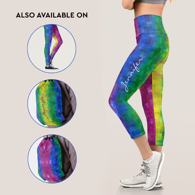 Trendy Abstract Gradient Rainbow Pixel Art Pattern Capri Leggings (Creator Uploaded)