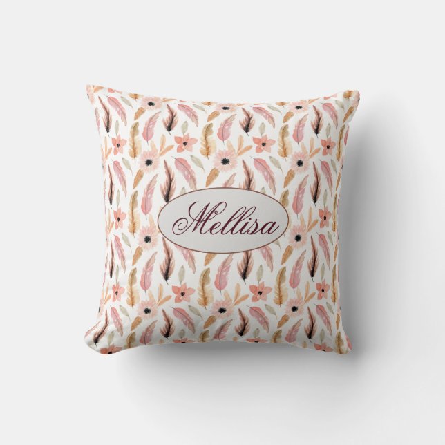 Trendy Abstract Pink Floral Pattern Monogram Name Cushion (Front)