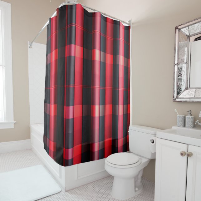 Trendy Abstract Red Black Plaid Collection Shower Curtain (In Situ)
