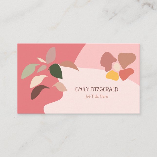 Trendy Abstract Shape Leaf Pink Beige Girly Business Card (Front)