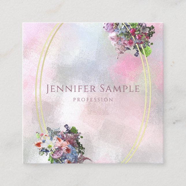 Trendy Abstract Watercolor Flowers Gold Frame Square Business Card (Front)