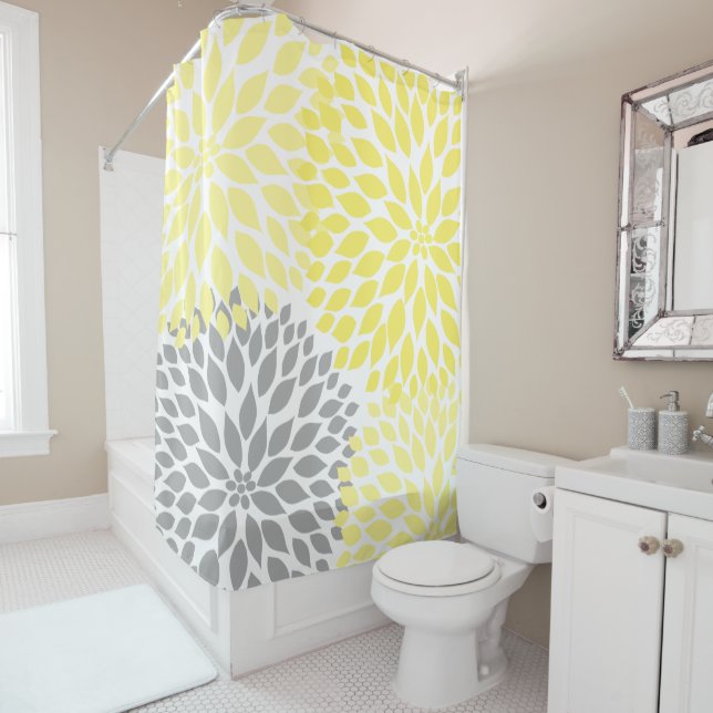 Trendy Abstract Yellow Grey Floral bathroom decor Shower Curtain (In Situ)