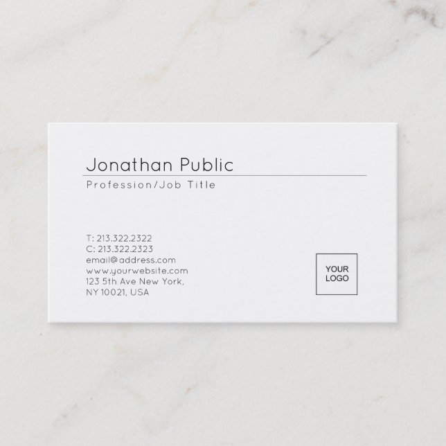 Trendy Add Your Logo Elegant White Clean Design Business Card (Front)
