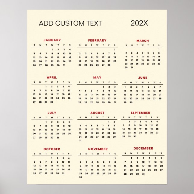 Trendy add your own custom text 2025 Calendar      Poster (Front)