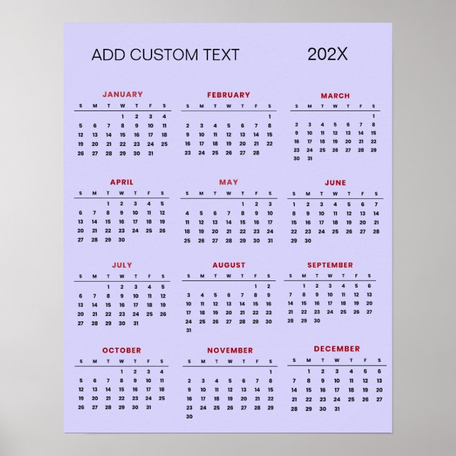 Trendy add your own custom text 2025 Calendar      Poster (Front)