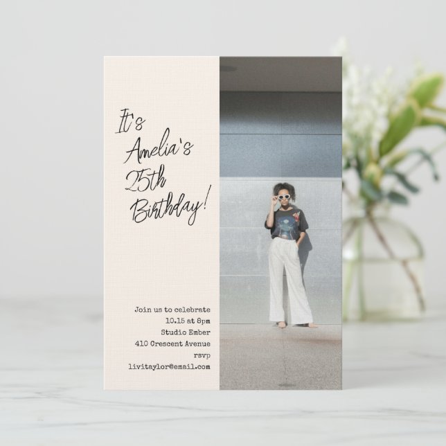 Trendy Aesthetic Photo 25th Adult Birthday Party  Invitation (Standing Front)