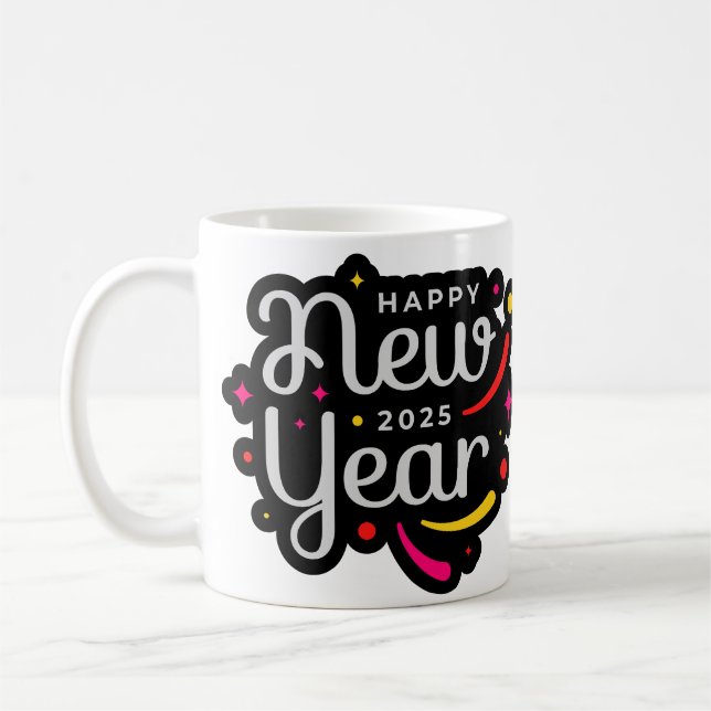 Trendy and Festive 2025 Happy New Year Design Coffee Mug (Left)