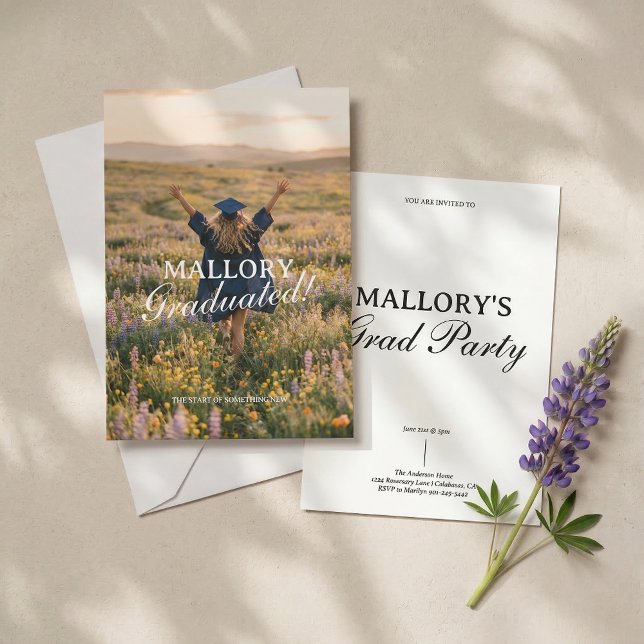 Trendy and Modern Photo Script Graduation Invitation (Trendy Script Graduation Invitation with Photo)